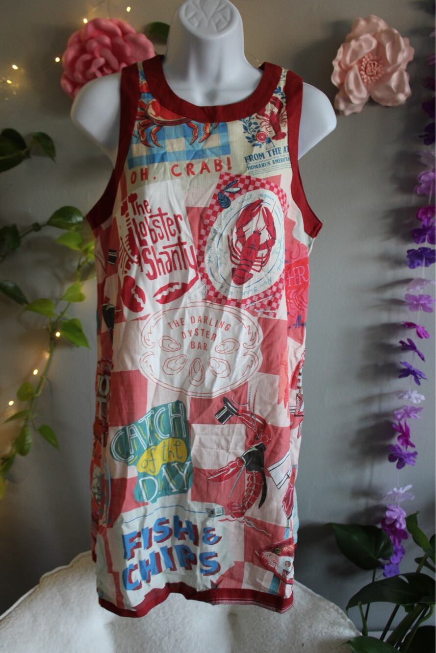 Lobster Print Sleeveless Shift Dress | Coastal Seafood Novelty Dress | Size S